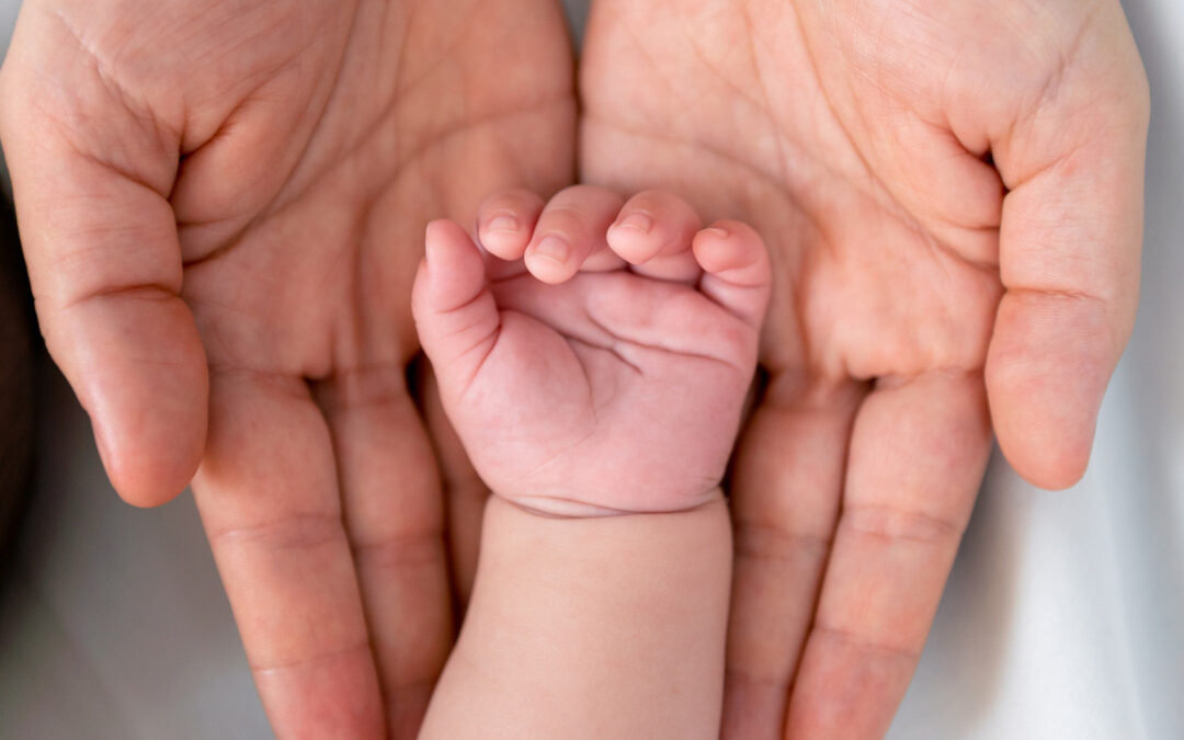 Adoption. Image of a pair of adult's hands holding a baby's hands in their open palm.