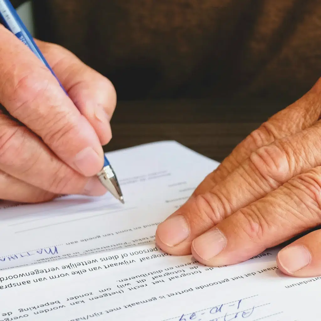 A close-up of a person's hands as they fill out an apostille form on a wooden table. One hand holds a pen while the other rests on the paper, which contains printed text and empty fields to be completed, ensuring each detail meets Manitoba's legal standards.