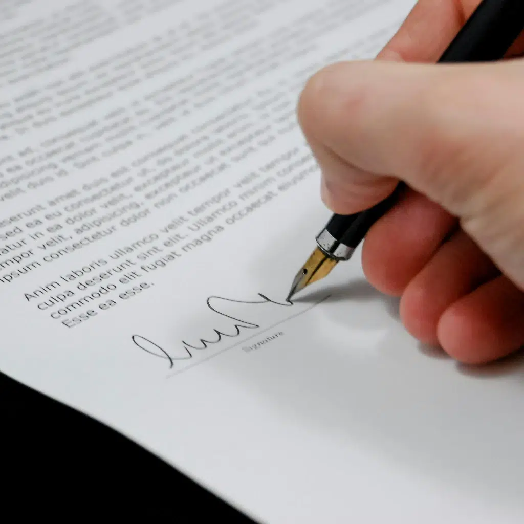 A close-up image showcases a hand holding a black pen, signing an apostille document on a table in Nova Scotia. The paper features printed text with a blank line at the bottom, awaiting the signature to certify its authenticity.