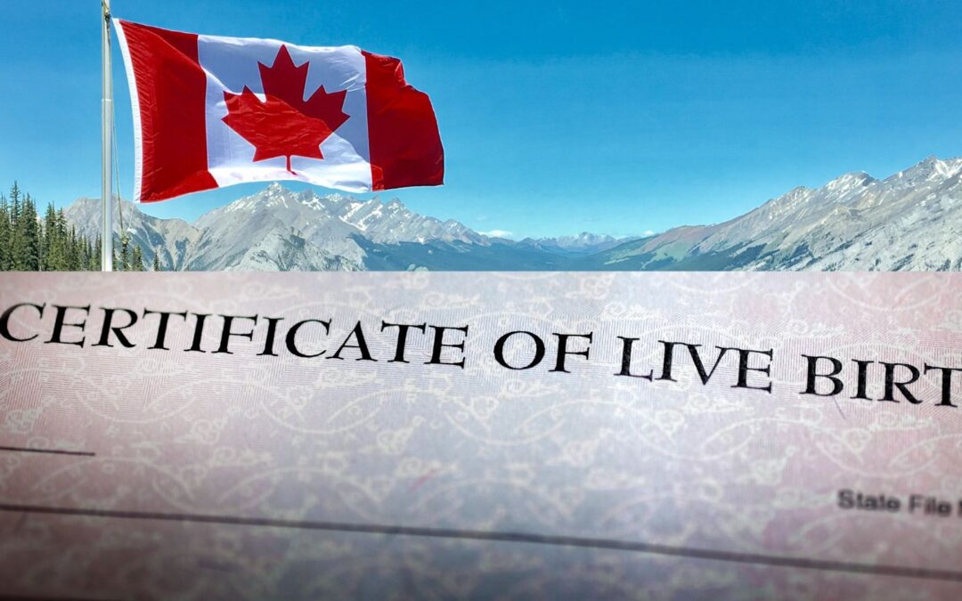 A Canadian flag waves against a backdrop of mountains and clear blue sky. In the foreground, partially visible, is a long form birth certificate that answers the question: what is a long form birth certificate? This scene beautifully captures identity amidst natures splendor.