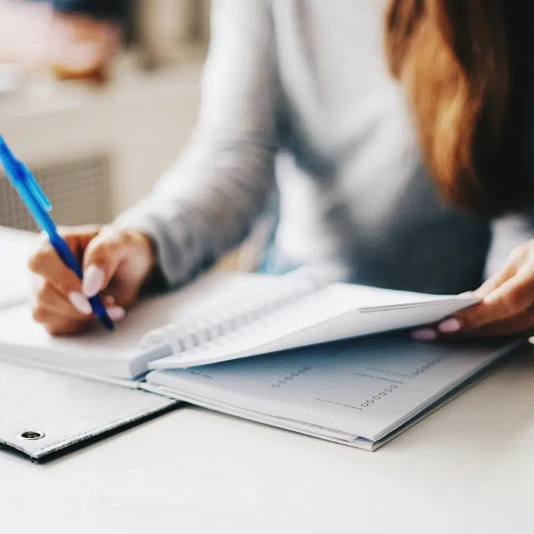 A person writing in a notebook with a blue pen at a desk. The scene is softly focused. The persons long brown hair is partially visible, and they are wearing a light gray long-sleeve shirt.