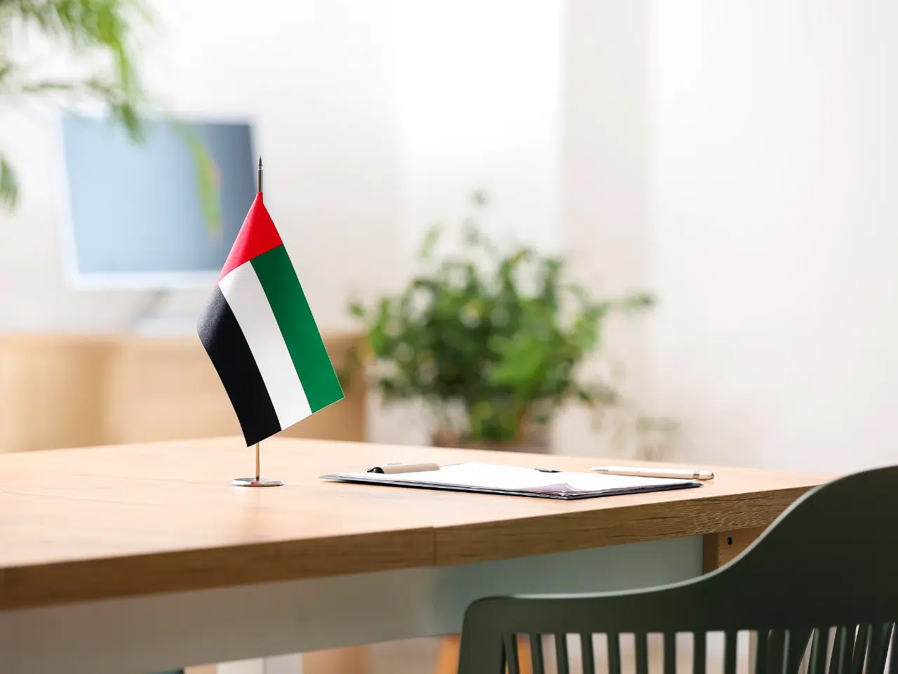 A small United Arab Emirates flag stands on a desk with a clipboard and papers, while a green chair and potted plant are in the background in a bright, modern office.