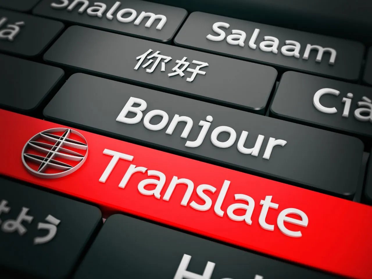 Close-up of a computer keyboard featuring a prominent red Translate key with a globe icon. Surrounding keys display the word Hello in various languages, including Bonjour, Salaam, and Chinese characters for hello.