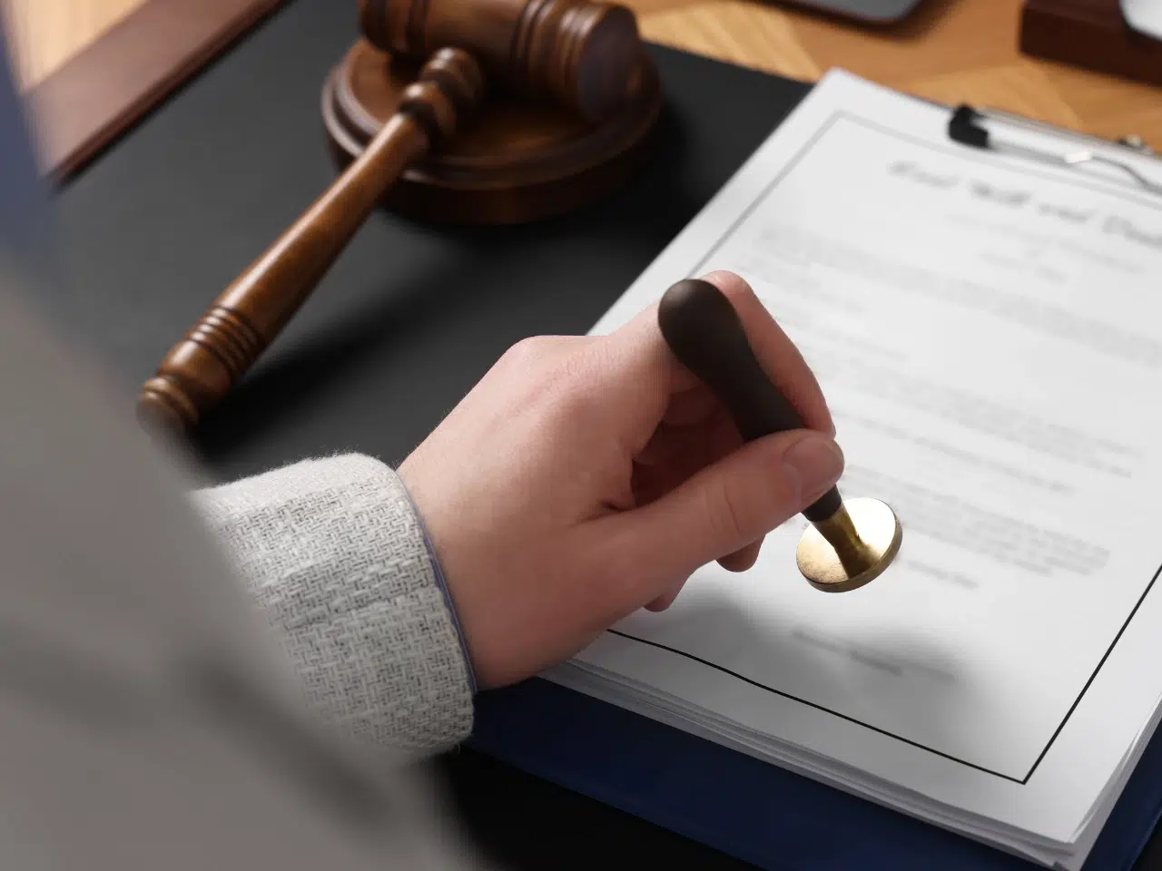 A person stamps a legal document titled Last Will and Testament on a desk, with a judges gavel and folder nearby.