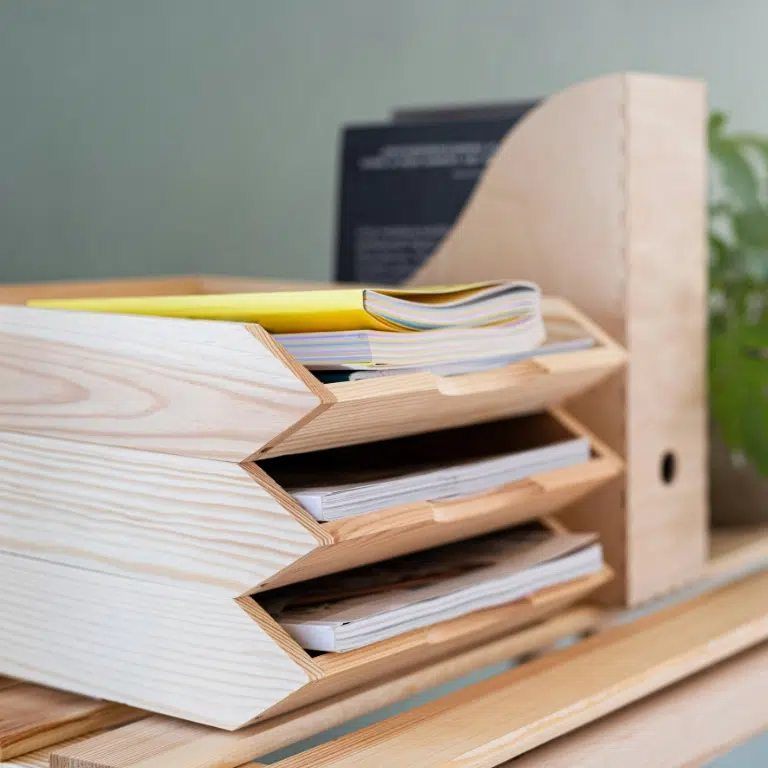 Wooden desk organizer with three trays holding various papers, including a yellow notebook. A wooden file holder with documents and a glimpse of a green plant are visible in the background.