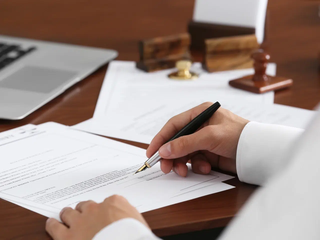 A person in a white shirt signs a document with a black pen at a wooden desk, with paperwork, stamps, and a laptop visible in the background.