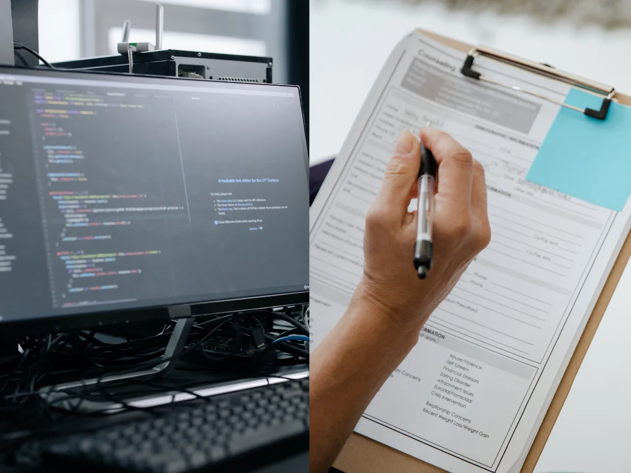 A split image shows a computer screen with code on the left and a person filling out a form on a clipboard with a pen on the right.