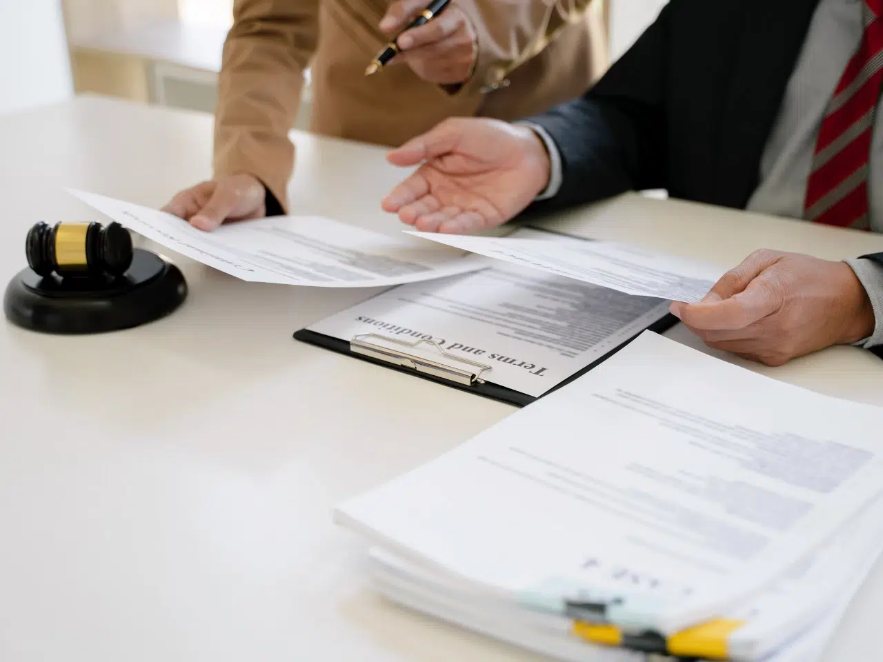 Two people in business attire review and discuss documents at a desk, with a clipboard, paperwork, a gavel, and pens visible, suggesting a legal or professional setting.