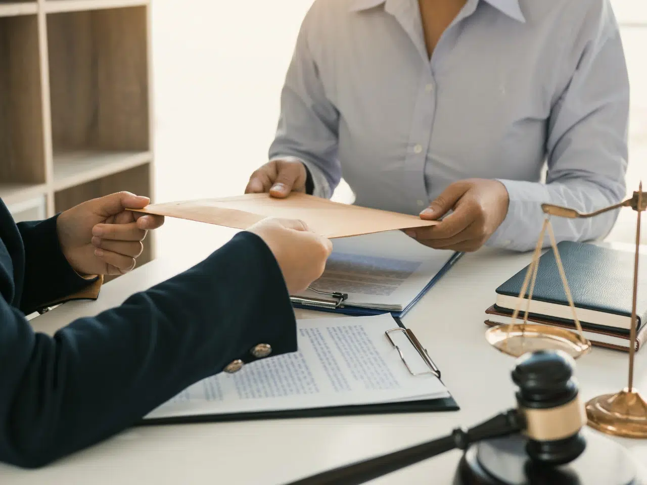 Two people exchange a brown envelope across a desk with documents, a gavel, and scales of justice, suggesting a legal or official meeting. Their faces are not visible.