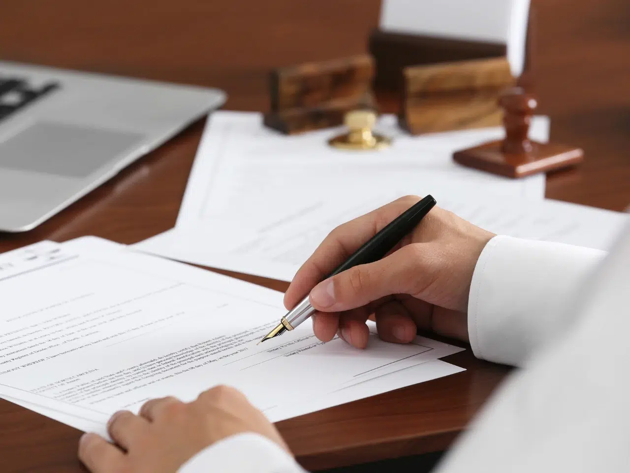A person in formal attire is signing a document with a pen at a desk, surrounded by paperwork, a laptop, and notary stamps.