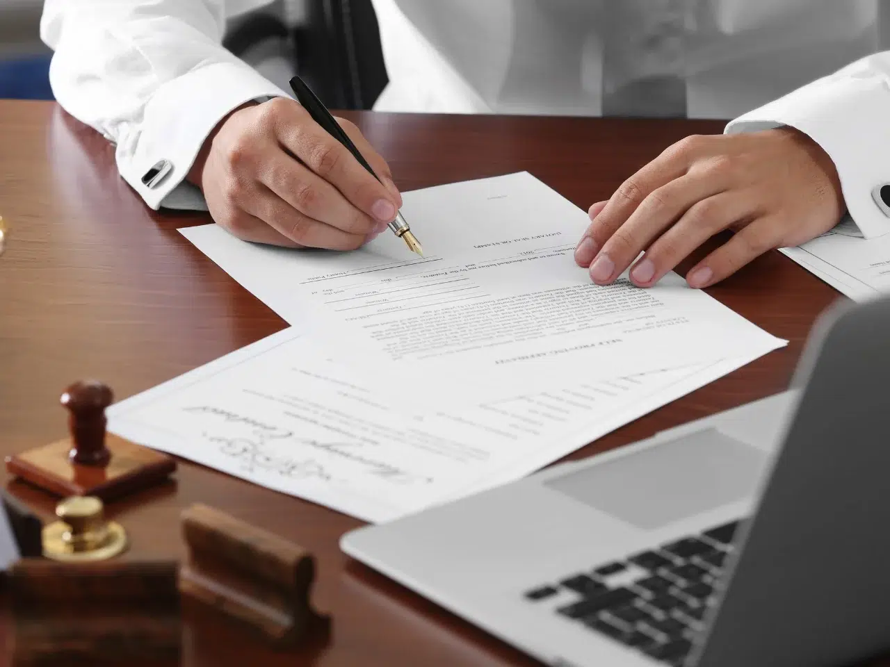 A person in a white shirt signs a document at a wooden desk with a laptop, wax seal stamp, and certificate nearby.