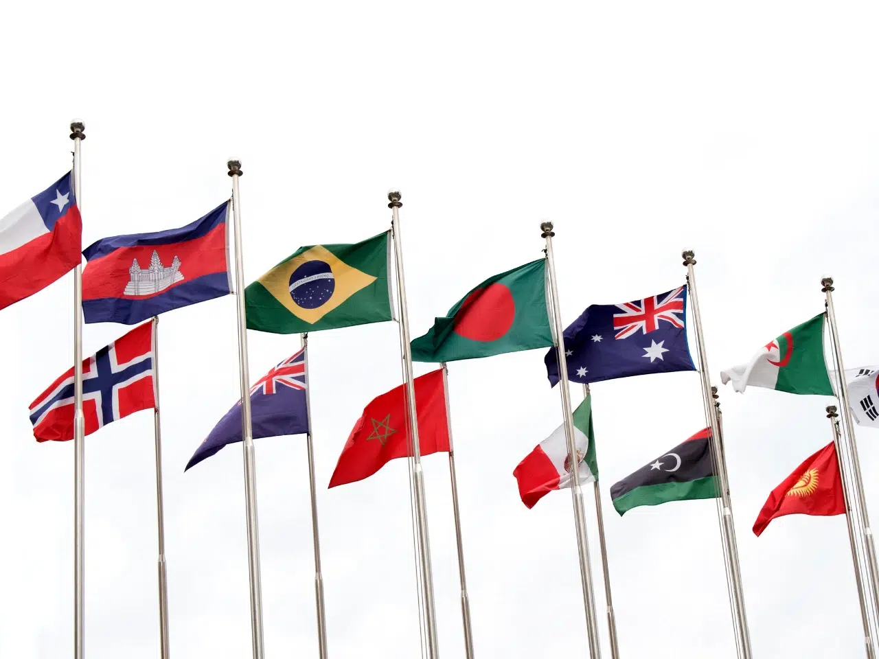 A row of twelve different national flags, including those of Brazil, Bangladesh, Australia, and Norway, waving on flagpoles against a white sky.