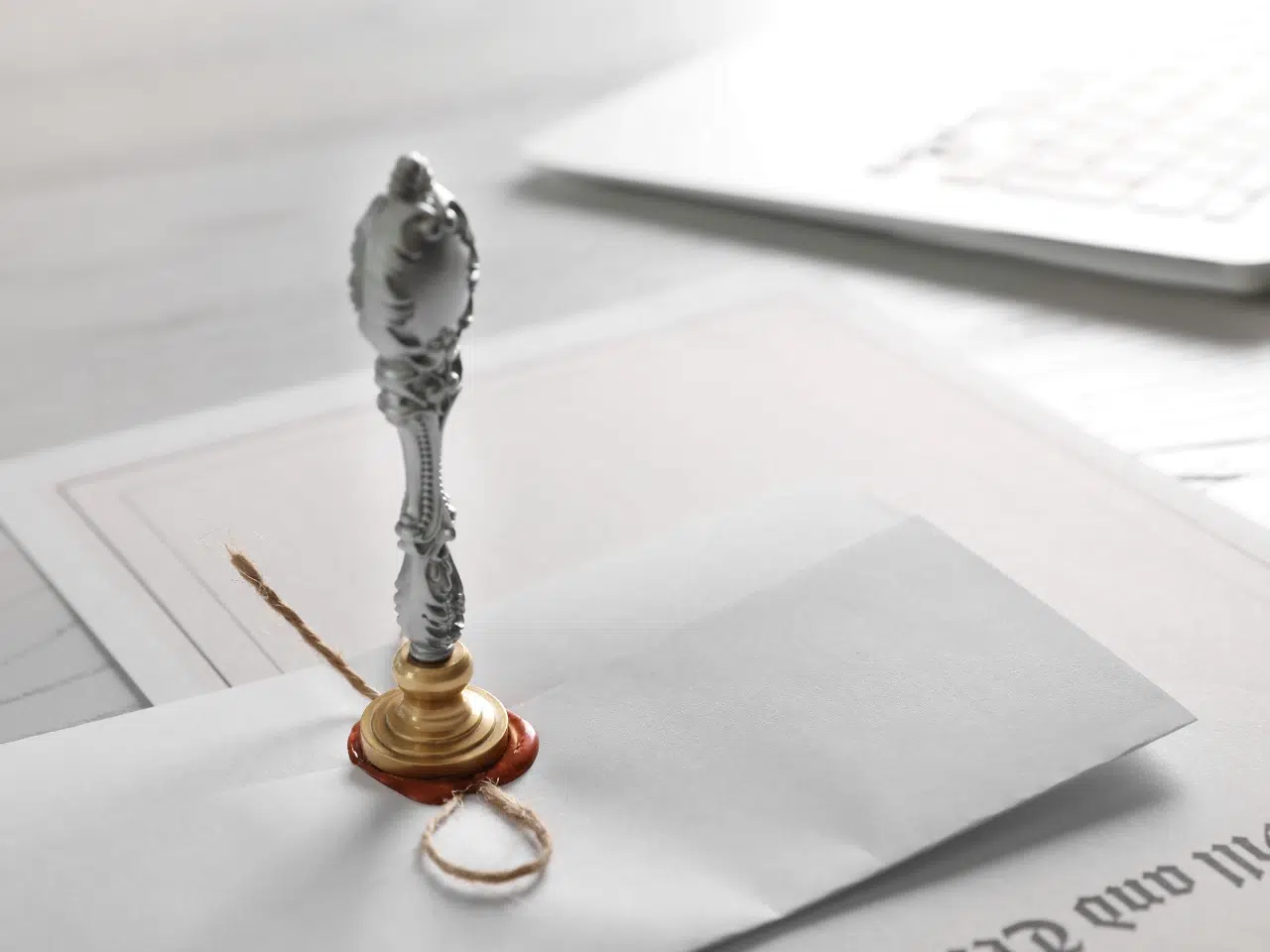 A decorative wax seal stamp rests on a sealed white envelope tied with string, with red wax securing the seal. The scene is set on a light desk with papers and a laptop visible in the background.