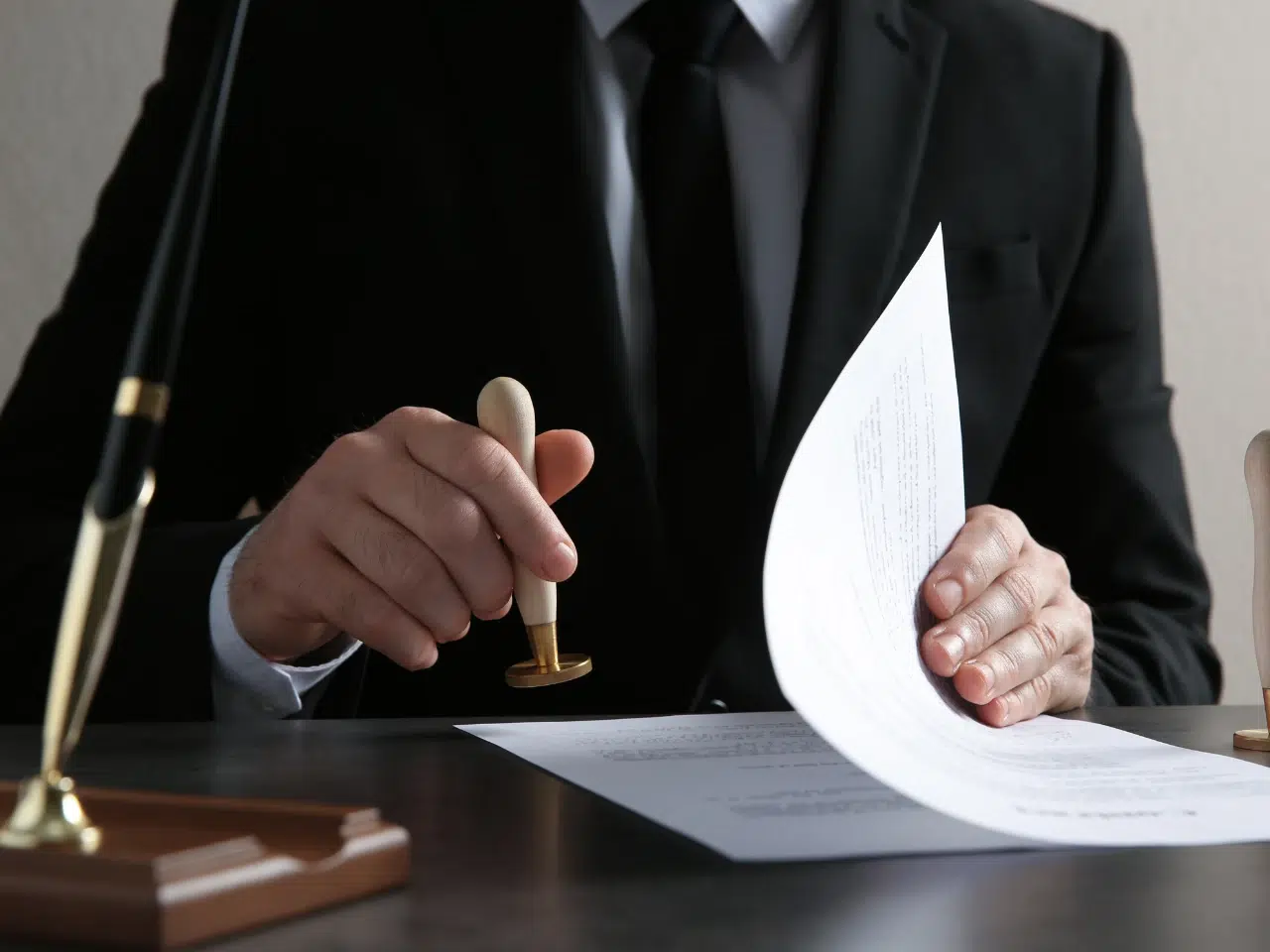 A person in a suit holds a document and prepares to stamp it with a notary seal at a desk, symbolizing official approval or certification of paperwork.
