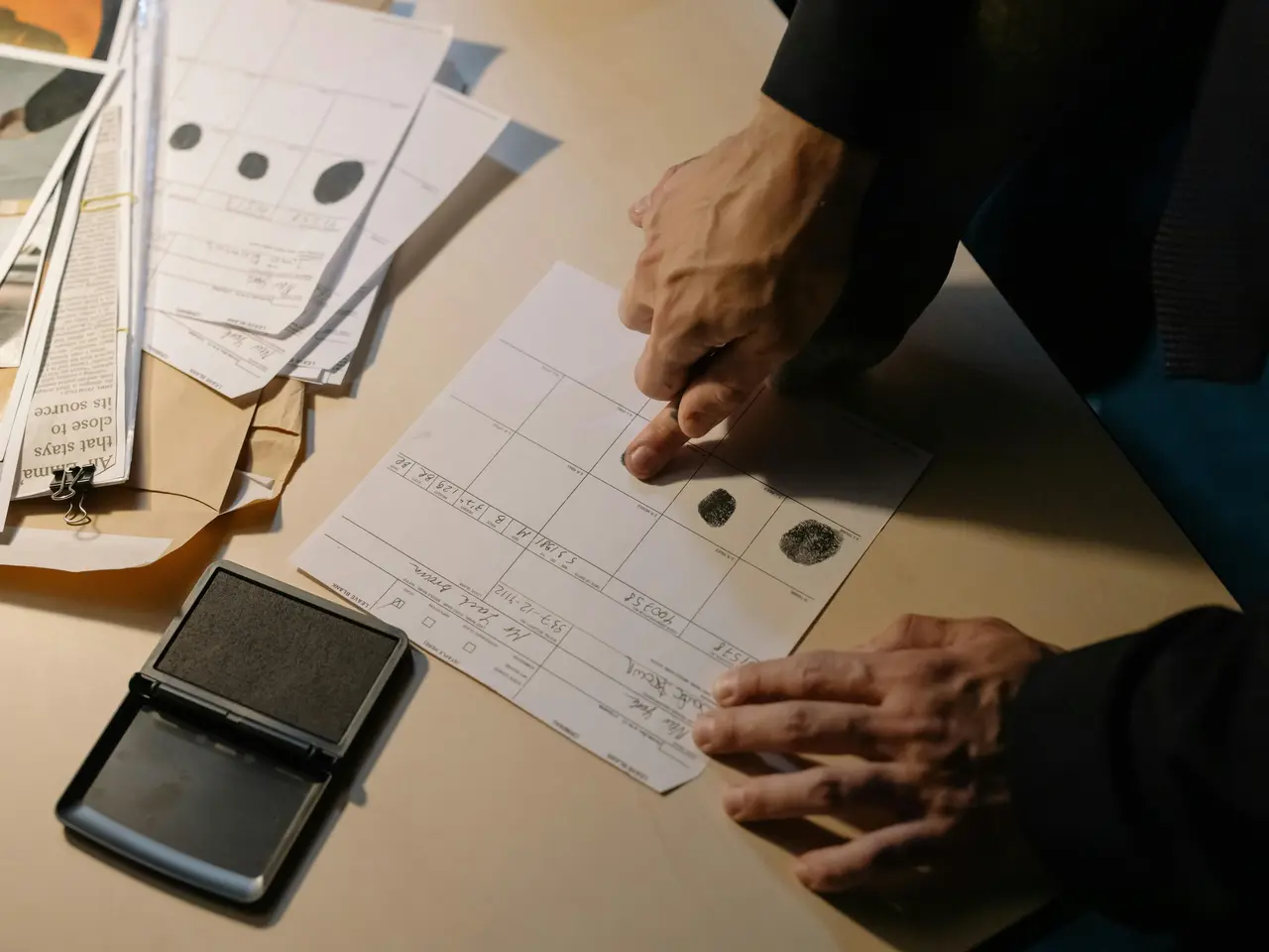 A person presses their finger onto a fingerprint form, capturing prints. Nearby are paperwork, envelopes, and an ink pad on a desk, suggesting a legal or investigative setting.