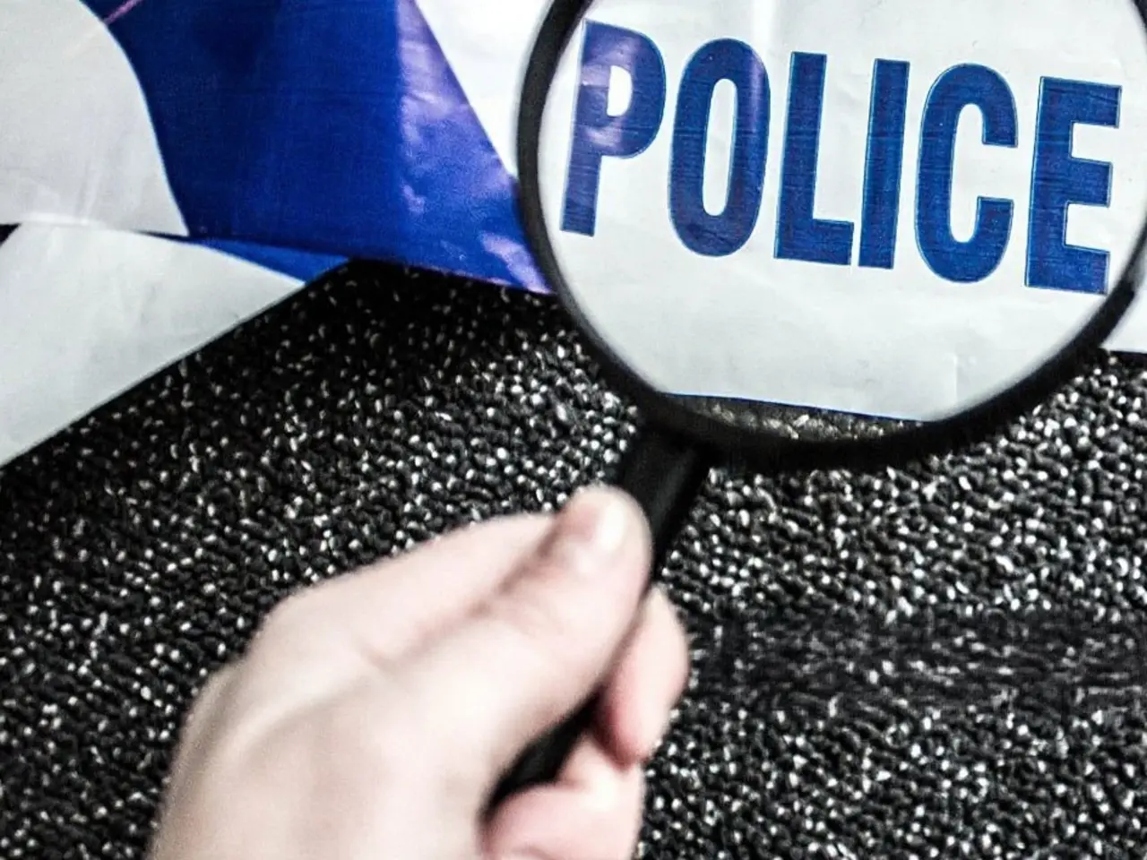 A hand holds a magnifying glass over a police tape, enlarging the word “POLICE” printed on the tape, suggesting investigation or crime scene analysis.