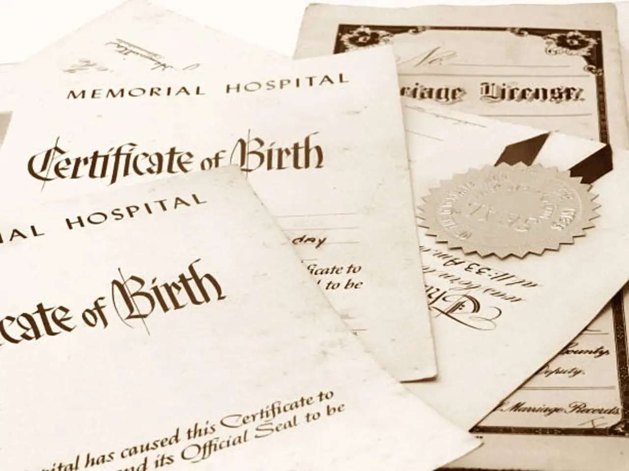 A sepia-toned photo shows several official documents, including birth certificates, a marriage license, and a document with a gold embossed seal, all partially overlapping on a flat surface.