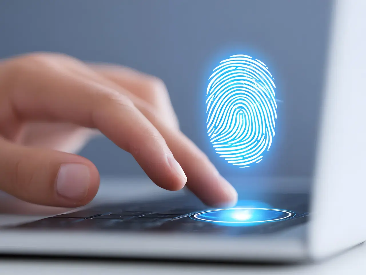A hand presses a finger onto a laptop’s fingerprint scanner, with a glowing blue digital fingerprint icon hovering above the scanner, symbolizing biometric authentication technology.