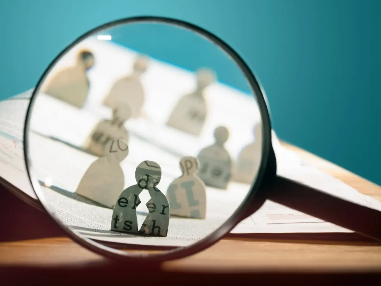 A magnifying glass focuses on paper cutouts of people with letters printed on them, placed on an open book, suggesting the concepts of searching, recruitment, or analysis.