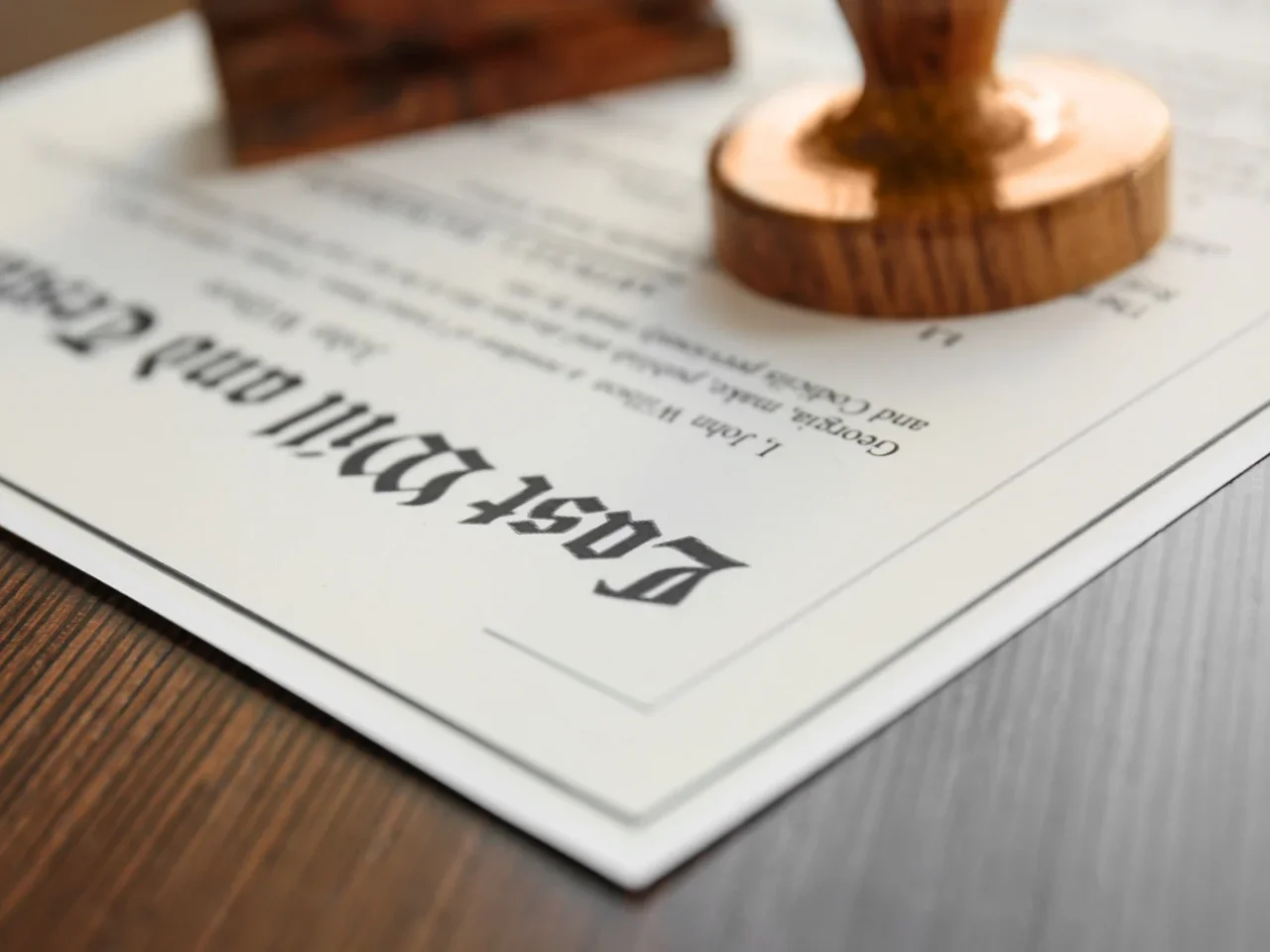 A close-up of a last will and testament document on a wooden surface, partially covered by a wooden stamp. The text Last Will and Testament is visible at the top of the paper.