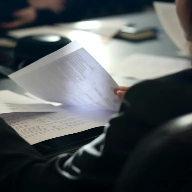 A person in business attire holding and reviewing several sheets of paper at a desk, with more documents and blurred office items visible in the background.