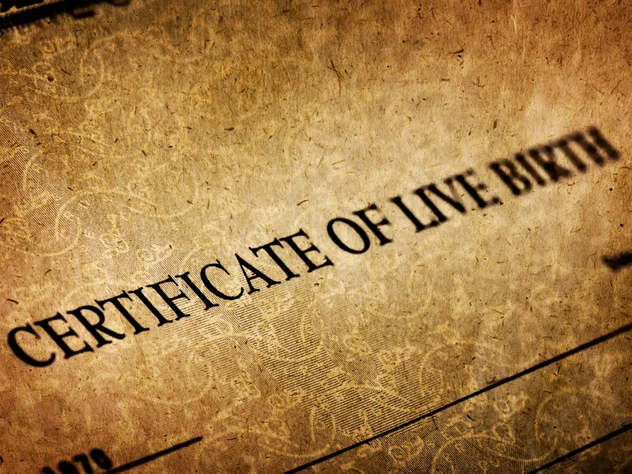 A close-up of a vintage, sepia-toned document with the heading CERTIFICATE OF LIVE BIRTH in bold capital letters, partially blurred at the edges.