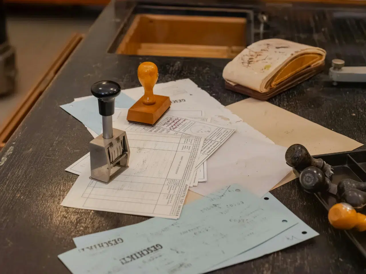 A close-up of a dark wooden desk with various papers, stamps, and stamp pads scattered on top. An open wallet or notebook is also visible in the background, adding to the scene’s vintage office feel.