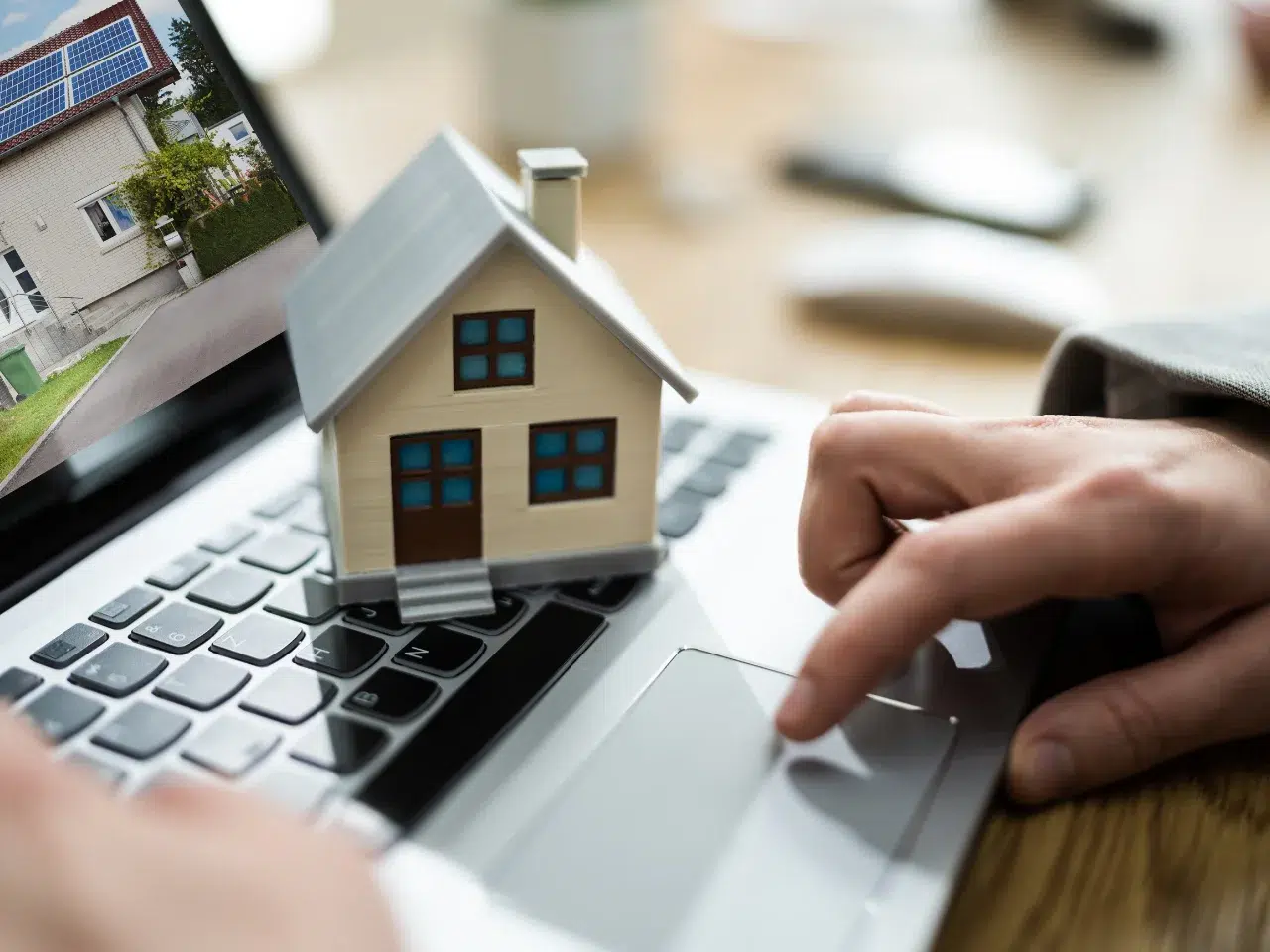 A person uses a laptop with a small model house placed on the keyboard, suggesting online real estate searching or home buying.