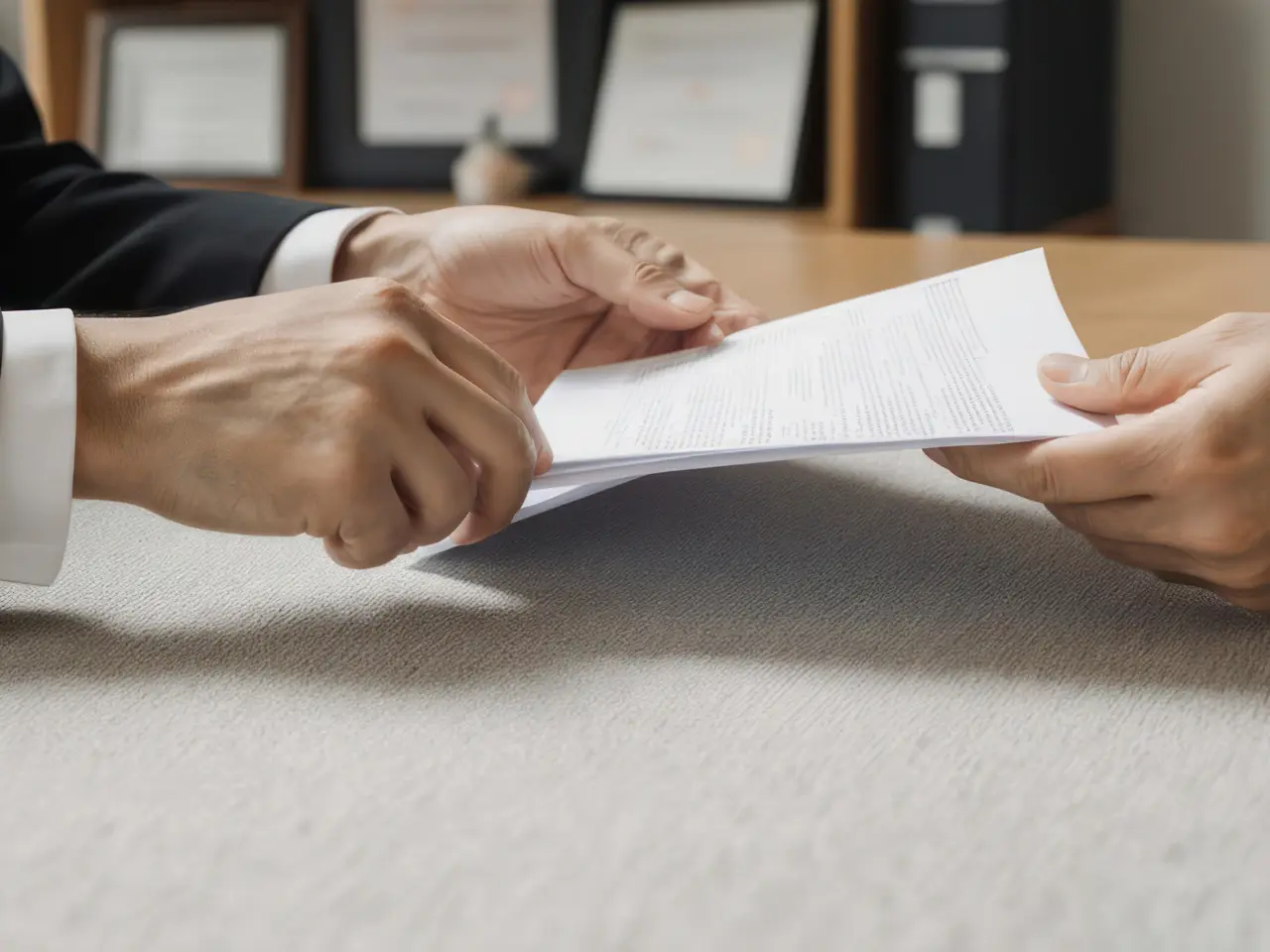 Two people exchanging a document across a table, with one person handing the paper to the other. Office items and framed certificates are blurred in the background.