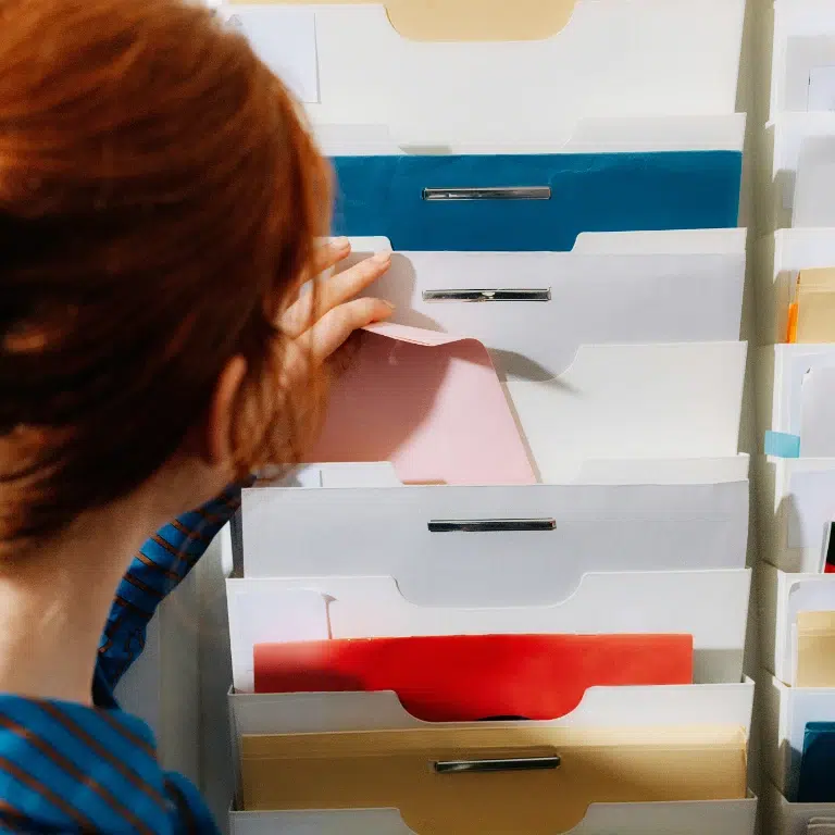 A person with red hair reaches to retrieve a pink folder from a wall-mounted organizer filled with various colored folders and documents.