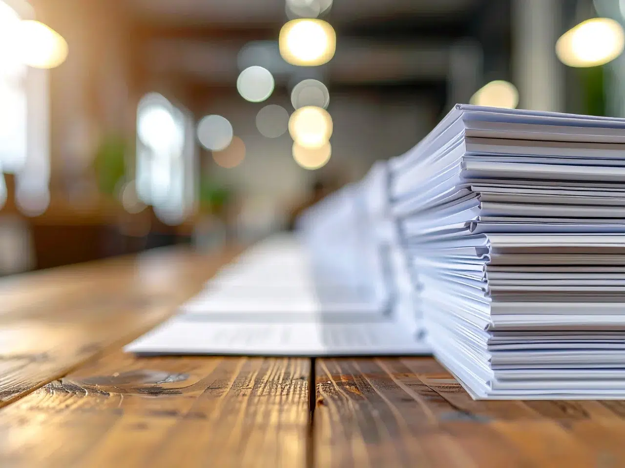 A close-up view of several neat stacks of paper documents on a wooden table, with a blurred office background and round ceiling lights.