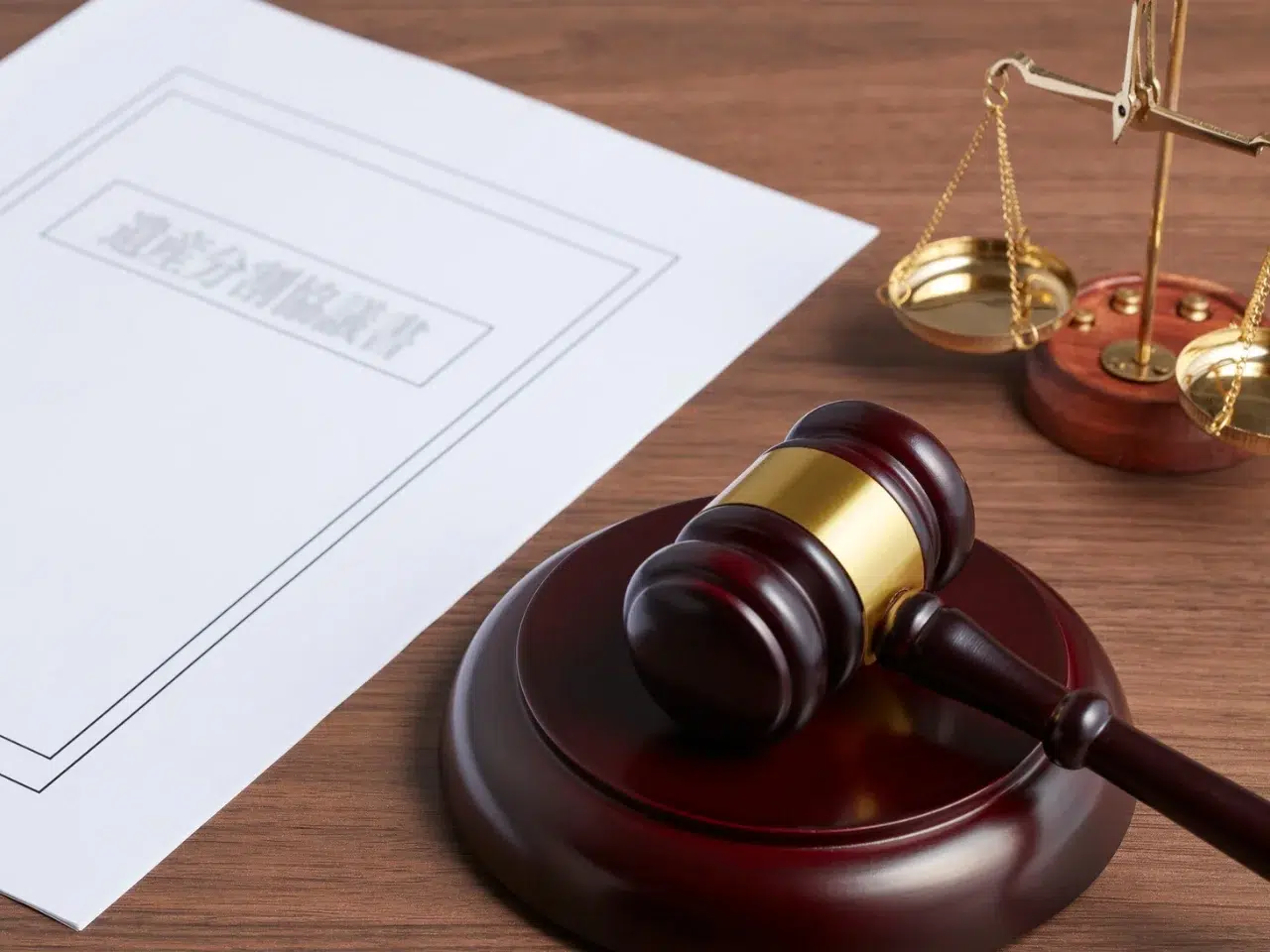 A judge’s gavel rests on a sound block next to a legal document and a brass balance scale on a wooden desk, symbolizing law and justice.