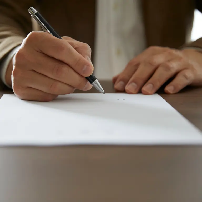 A person in a suit jacket holds a pen and prepares to write on a blank sheet of paper on a wooden desk.