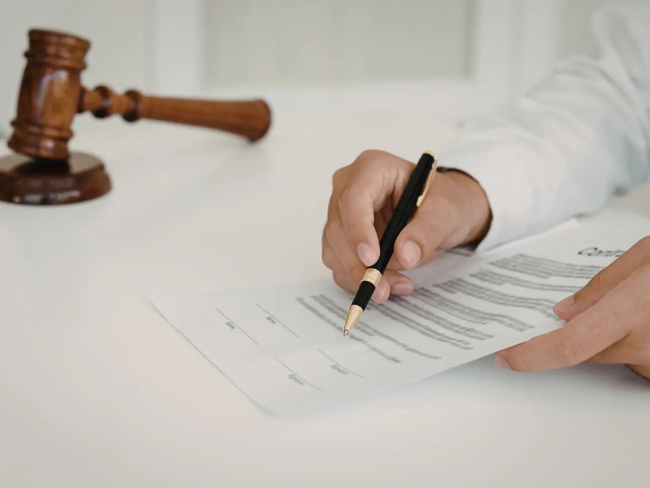 A person holding a pen is about to sign a document on a white desk, with a judge’s gavel placed nearby.
