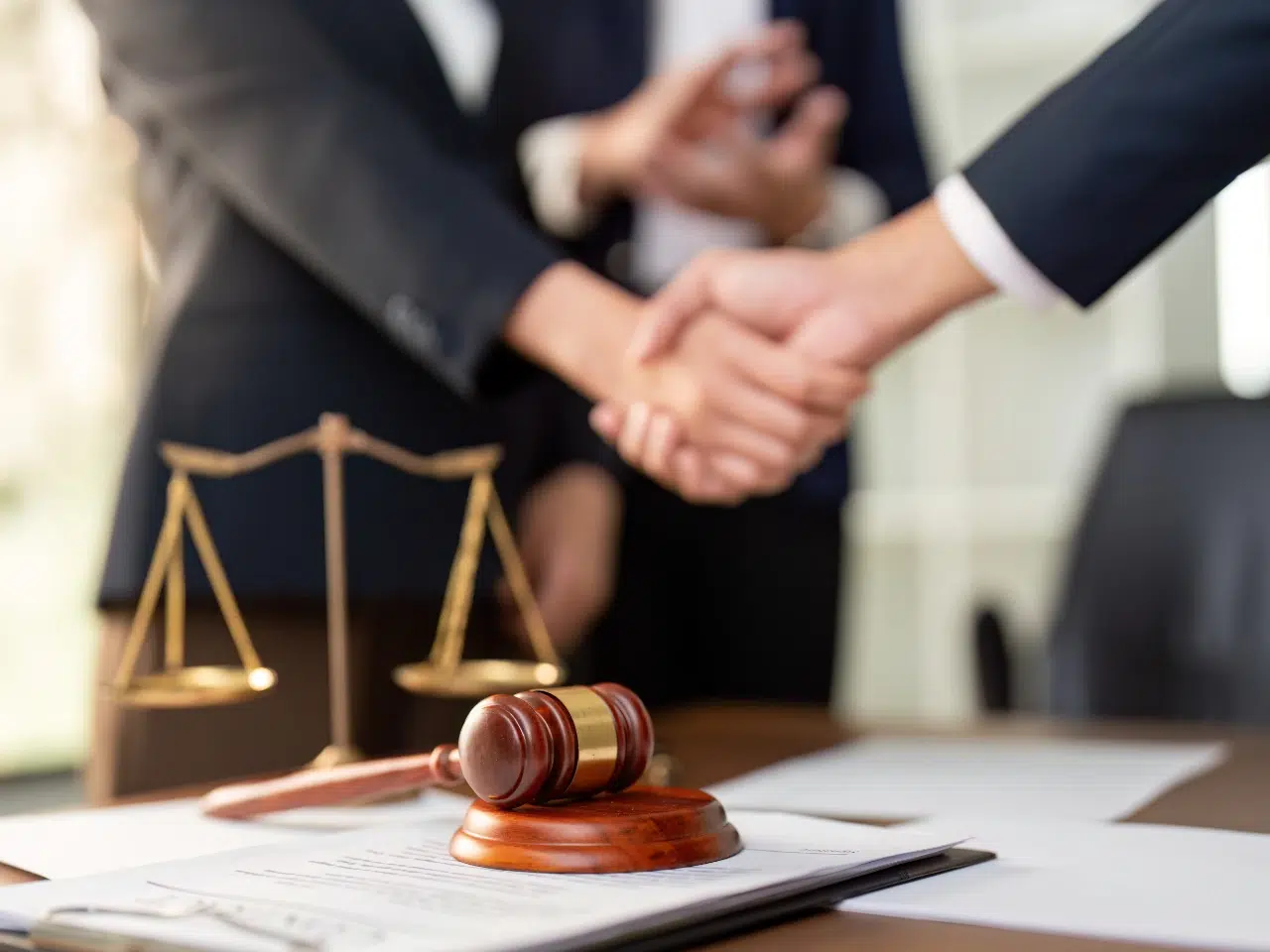 Two people in business attire shake hands in an office setting. A wooden gavel and balance scale are on the desk in the foreground, symbolizing law and legal agreements.