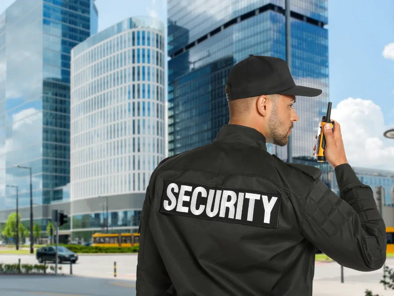 A security guard in uniform and cap stands outdoors in front of modern glass office buildings, holding a walkie-talkie and looking to the side. The word SECURITY is printed on the back of his jacket.