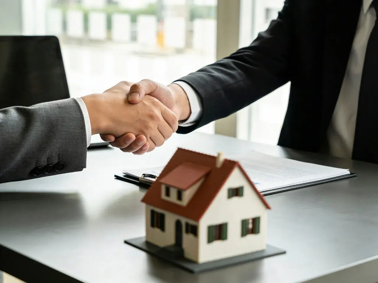 Two people in business suits shake hands over a desk with a small model house and paperwork, suggesting a real estate or property agreement.