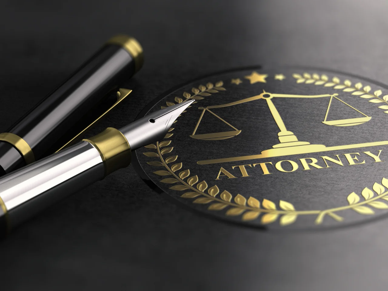A fountain pen rests beside a golden emblem featuring balanced scales, a laurel wreath, and the word ATTORNEY on a dark, textured surface, symbolizing law and legal professions.