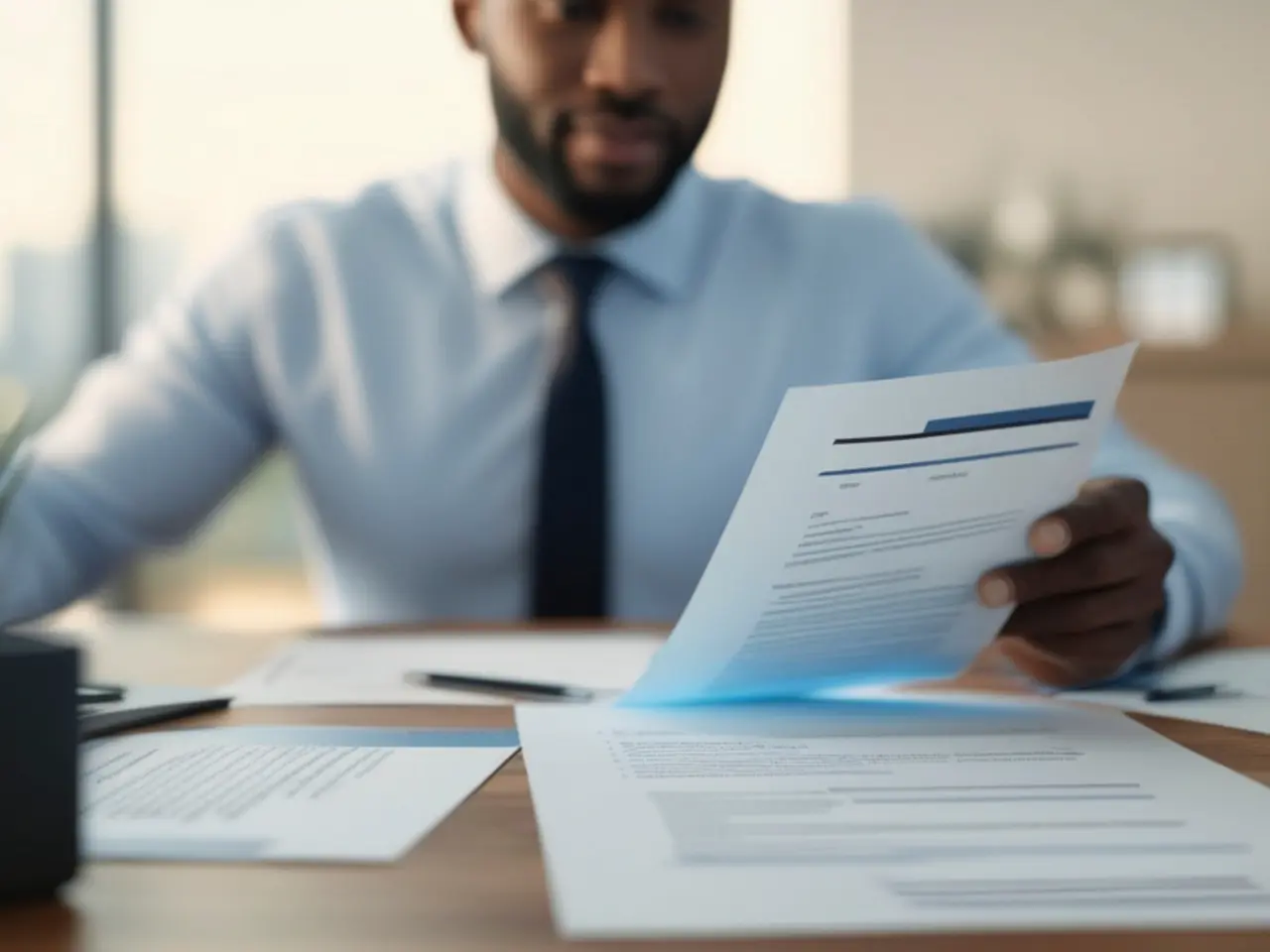 A man in a dress shirt and tie sits at a desk, reviewing documents and paperwork. His face is out of focus, while the papers in his hand and on the desk are clearly visible.