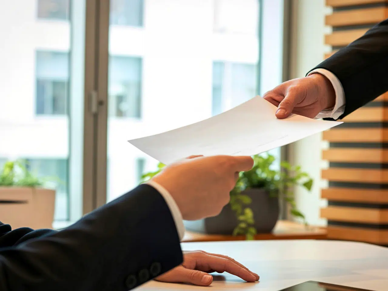 Two people in business suits exchanging a document in an office setting, with a window and potted plant in the background.