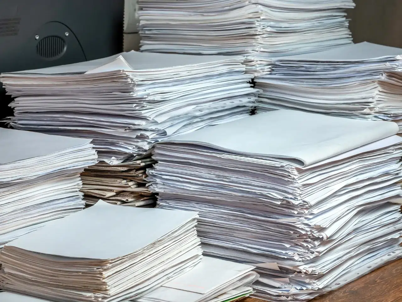 Large stacks of paper piled on a table, creating a cluttered and disorganized appearance. The papers are mostly white and appear to be documents or printouts.
