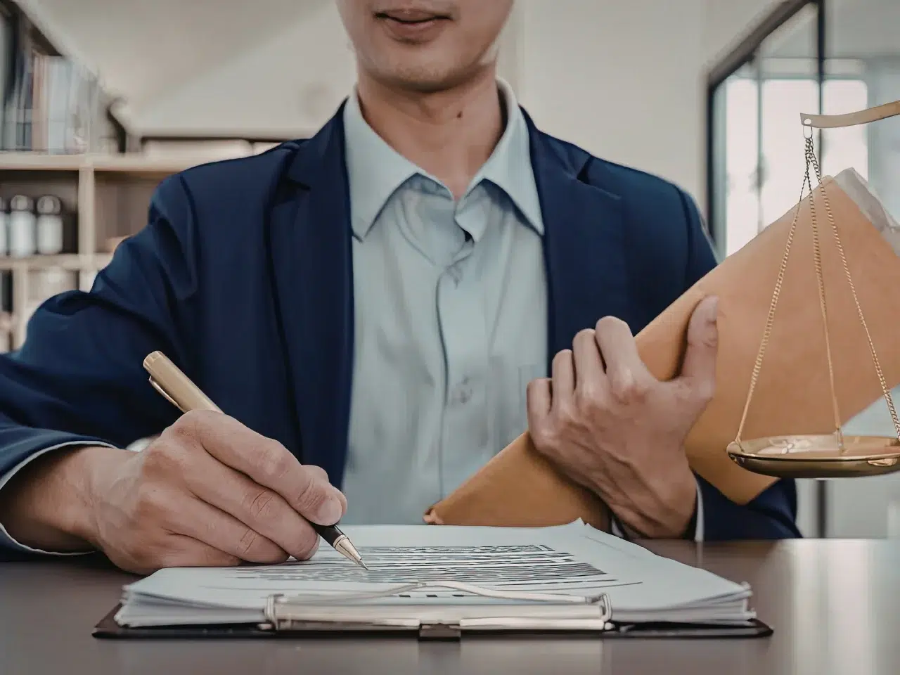 A man in a suit sitting at a desk signs documents on a clipboard with one hand and holds a folder and a scale of justice in the other, symbolizing legal or judicial work.