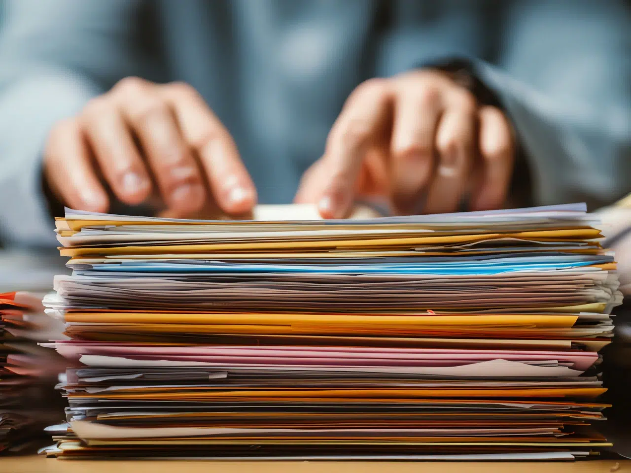 A person’s hands sorting through a large stack of colorful, organized folders and paperwork on a desk.