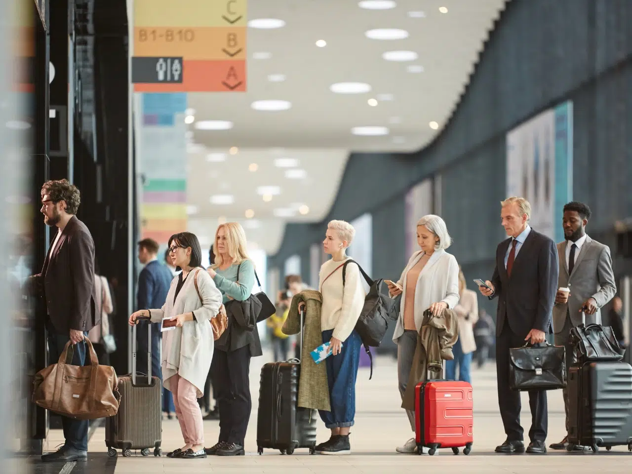 A diverse group of people, each with luggage, stand in line at an airport terminal. Signs, lights, and blurred backgrounds indicate a busy, modern travel environment.