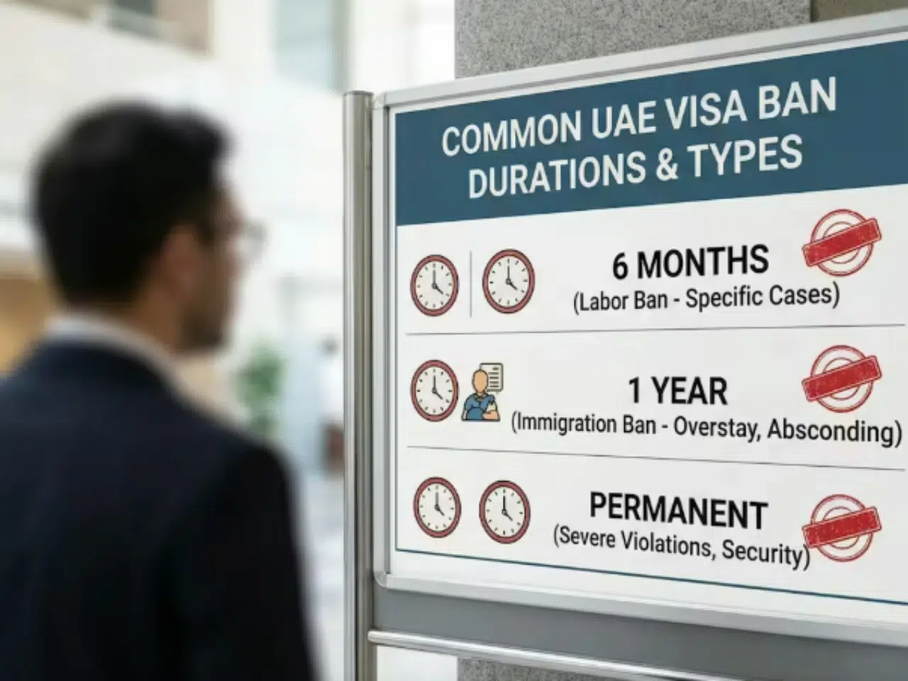 A man looks at a sign listing UAE visa ban durations: 6 months for labor ban, 1 year for immigration ban (overstay, absconding), and permanent for severe violations or security issues.