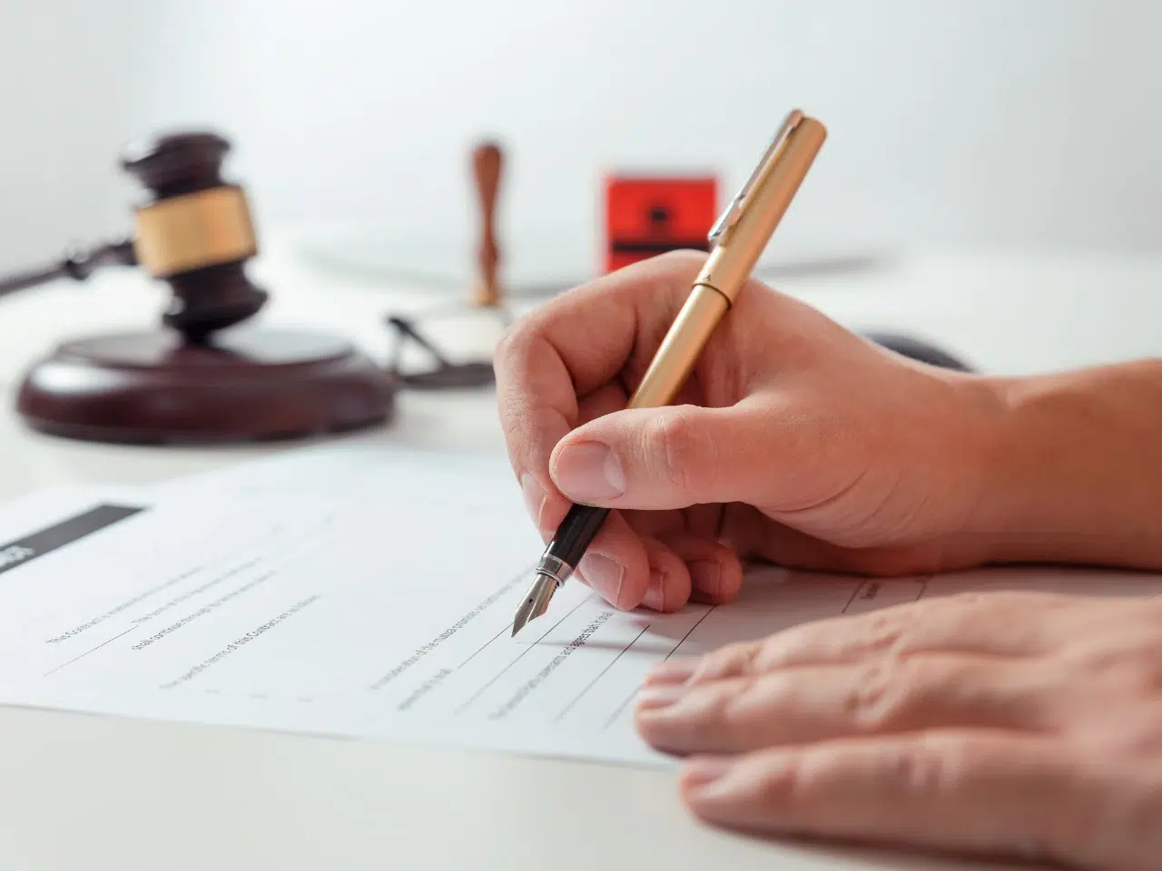 A person signs a document with a fountain pen on a desk, with a judge’s gavel, wax seal, and a small box in the background, suggesting a legal or official setting.