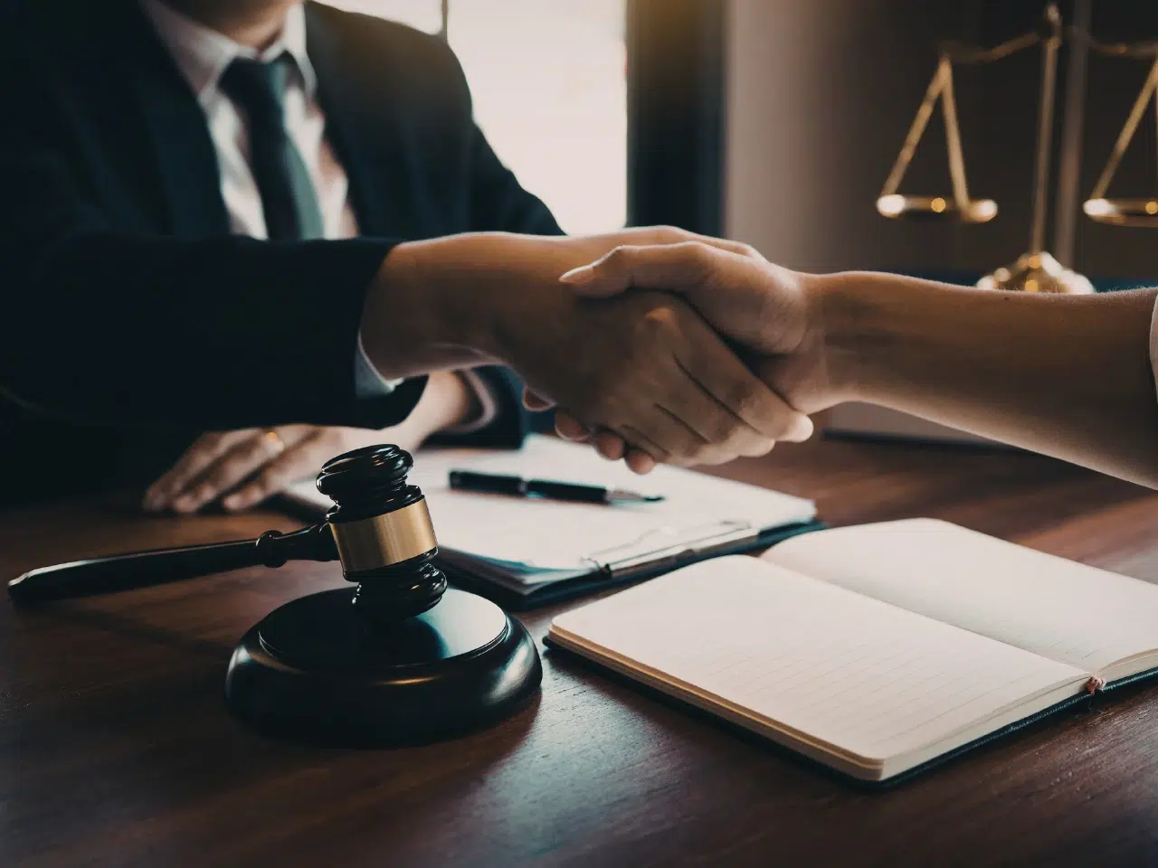 Two people shake hands across a desk with a judge’s gavel, an open notebook, a pen, and scales of justice, suggesting a legal agreement or settlement in a law office setting.