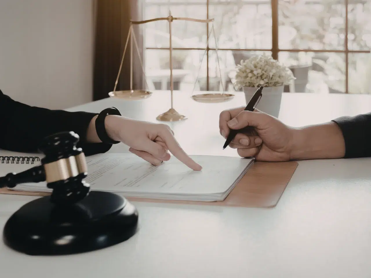 Two people sit at a desk with legal documents; one points to a section while the other holds a pen, ready to sign. A gavel, scales of justice, and a notepad are visible on the desk.