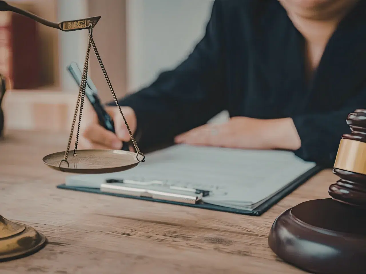 A person in a dark outfit sits at a desk writing on a clipboard. In the foreground are a brass balance scale and a wooden gavel, symbolizing law and justice.