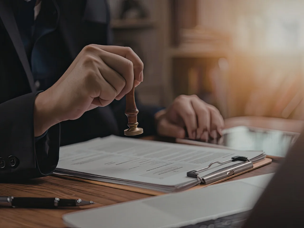 A person holds a gavel above a stack of documents on a clipboard, suggesting a legal or judicial setting. A pen and a laptop are also on the wooden desk, with warm light illuminating the scene.
